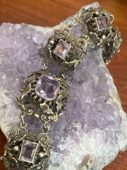 Antique Austro-Hungarian 800 Silver Filigree Amethyst Panel Bracelet – 38.56g 8”