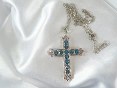 Vintage Sterling Silver 925 Heated London Blue Topaz Cross Pendant Necklace