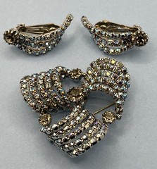 Aurora Borealis Ribbon Rhinestone Brooch Clip Earrings Set Unsigned Silver Tone