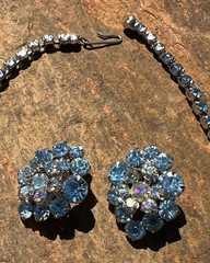JULIANA DELIZZA ELSTER LINK NECKLACE CLIP EARRINGS SET BLUE RHINESTONES VINTAGE