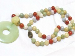 Vintage Chinese Multi-Color Jade 9mm Beads Necklace Pendant, Silver Clasp, 25″