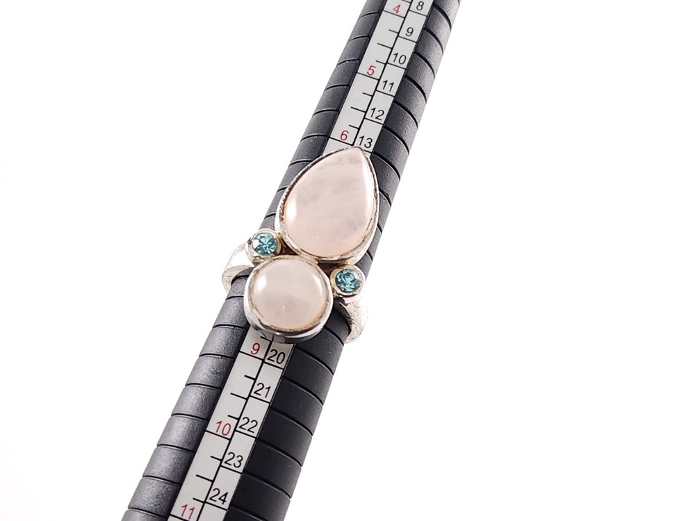 Vintage Sterling Silver Pink Rose Quartz Blue Topaz Statement Ring Size 7.5
