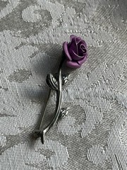 Vintage Jezlaine Signed 925 Sterling Silver Purple Long Stem Rose Brooch Pin 1″