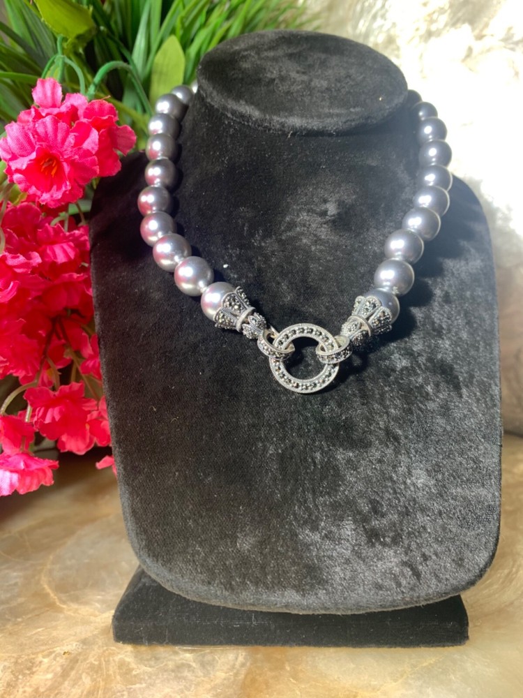 15.5”IN VINTAGE STERLING SILVER & MARCASITE CLASP W 15MM GRAY FAUX PEARLS