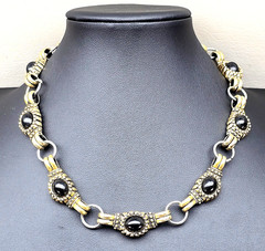 Vintage SJC Necklace Black Cabochon Gold Tone Silver Tone Link 16 Inch
