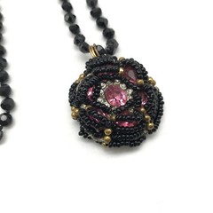 Vintage Jet Black Faceted Glass Strand Pink Clear Rhinestone Pendant Necklace