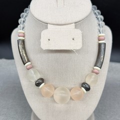 Vintage Necklace Frosted Lucite Beads Metal Bands MCM 17 Inches