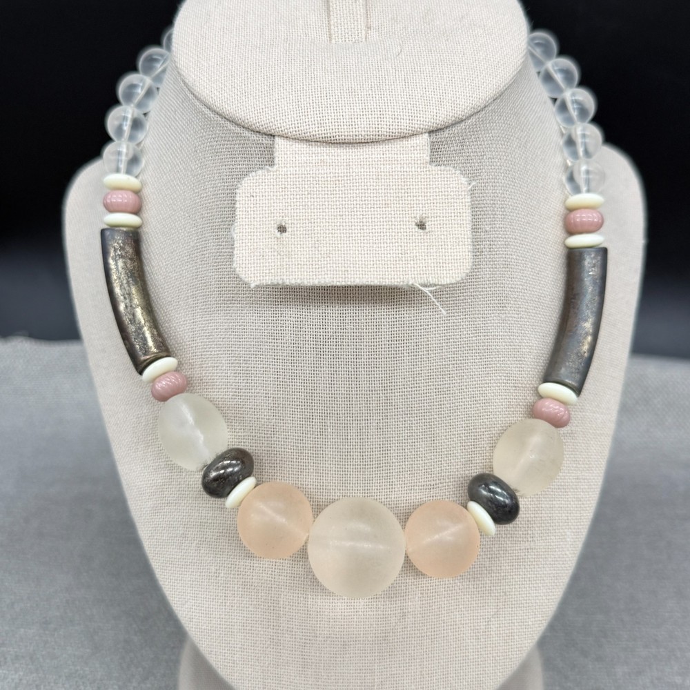 Vintage Necklace Frosted Lucite Beads Metal Bands MCM 17 Inches