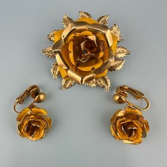 Vintage Yellow Enamel Flower Brooch Dangle Earrings Set Gold Tone Cabbage Rose