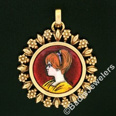Antique Victorian 19k Gold Hand Painted Portrait Etched Floral Frame Pendant