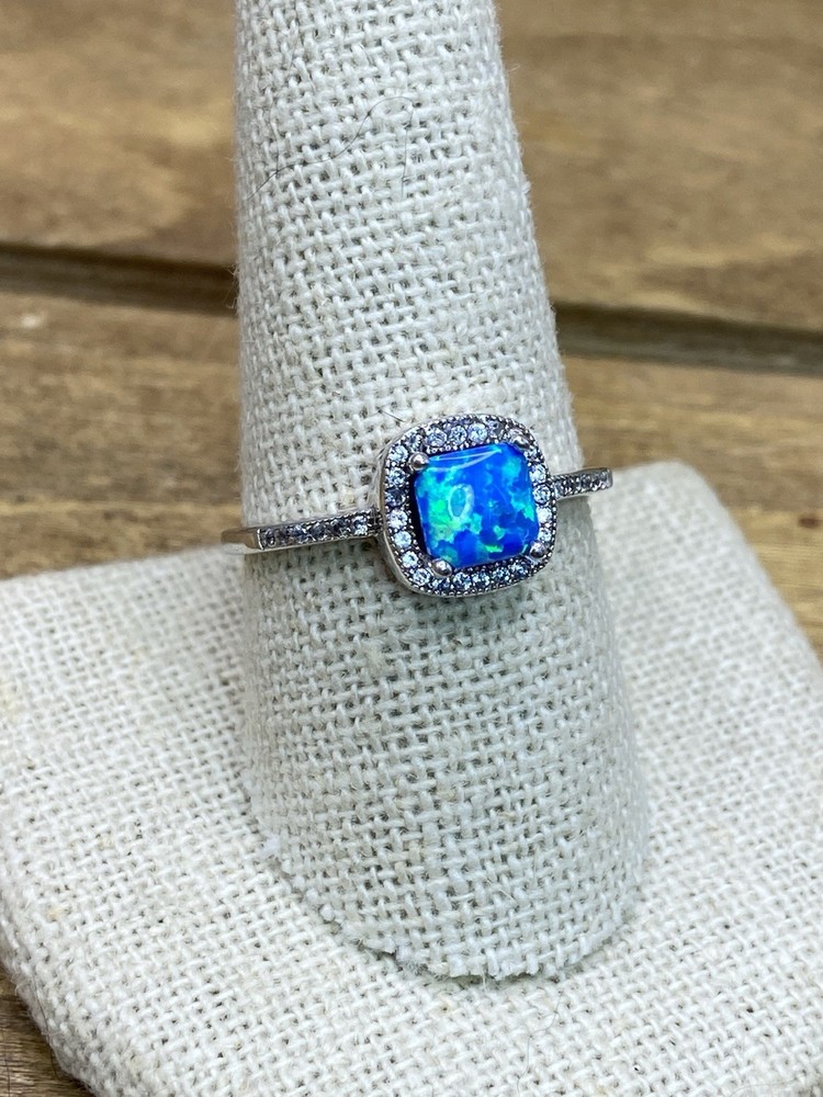 Vintage Blue Opal & CZ Sterling Silver Halo Ring Sz. 9.75