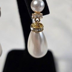 Monet Pearl Drop Earrings Stacked Tiered Faux Pearls & Crystal Accents