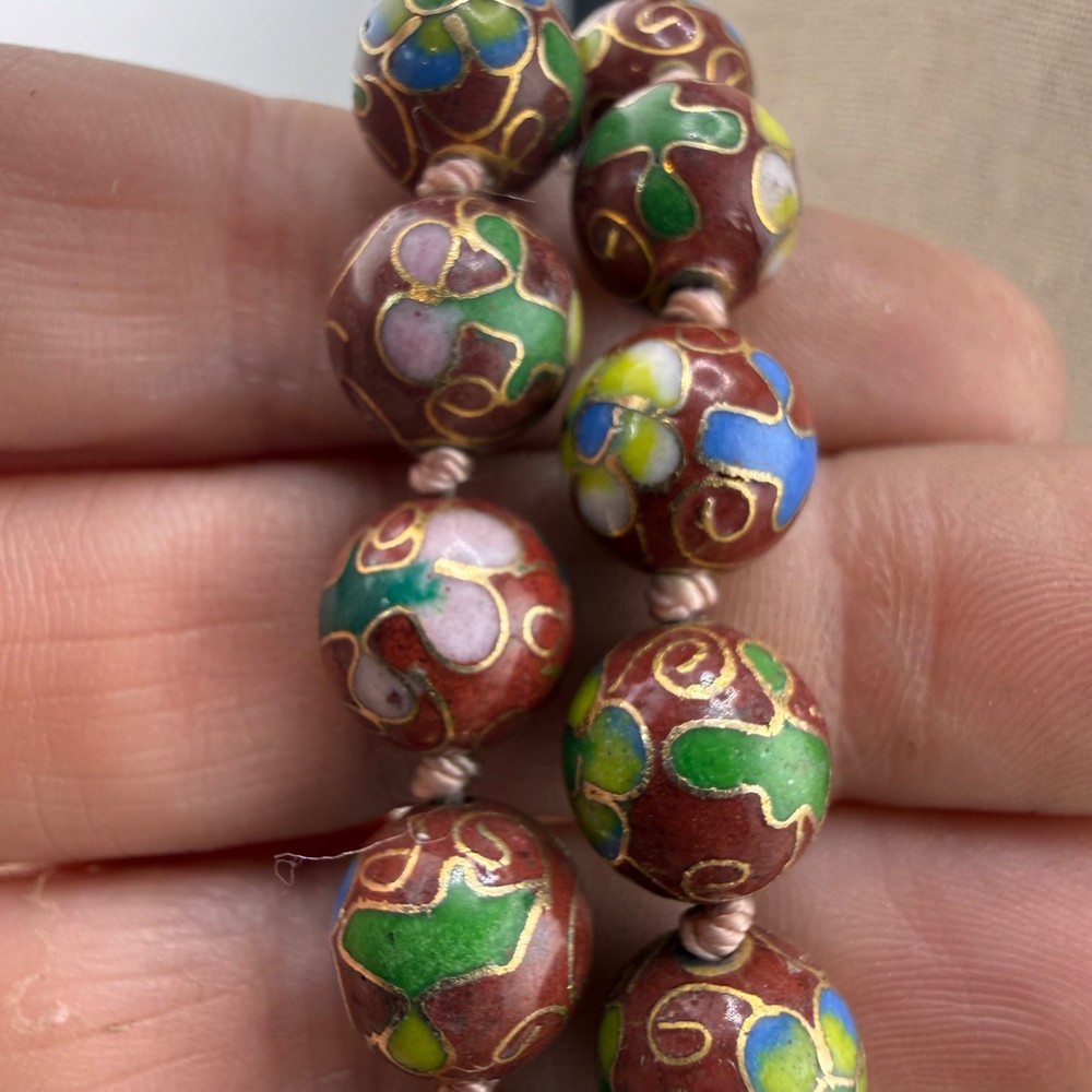 Vintage Cloisonne Beaded Necklace Red Chinese Export Gold Tone Enamel 24”
