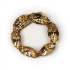 Vtg Circle Brooch Pin 1.5″ Dia. Marquise Shape Faux Gem Stones Amber Goldtone