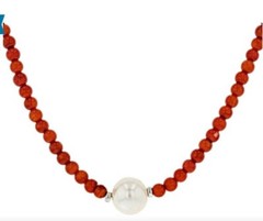 Red Coral Bead PEARL Rhodium Over Silver Necklace 18″ NEW