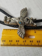 Vintage Bolo Tie Eagle Thunderbird Turquoise Silver Tone Black Enamel Design
