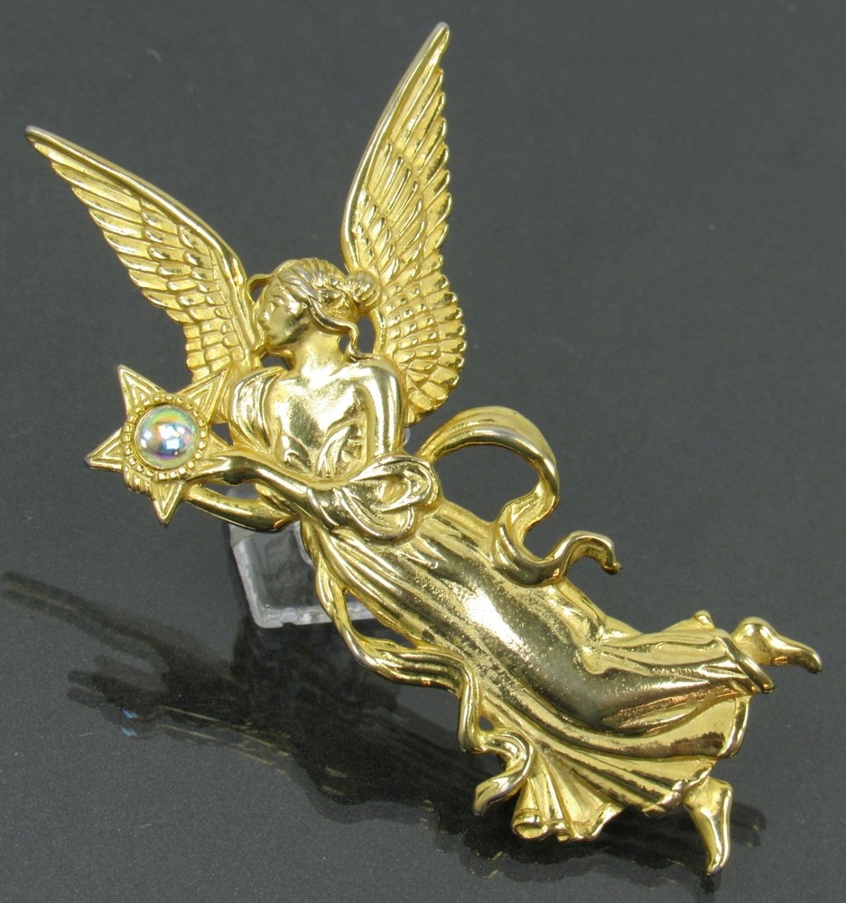 JJ Angel Fairy Holding Star AB Cabochon Wings Brooch Pin Vintage 1970-80s