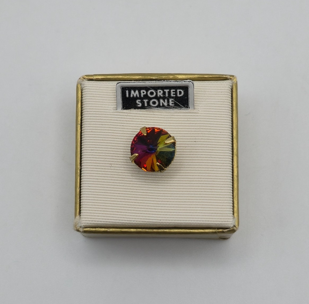 1950-1960s Imported Stone Aurora Borealis AB Rhinestone Gold Tone Tie Tack Boxed