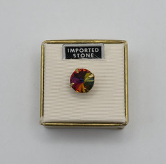 1950-1960s Imported Stone Aurora Borealis AB Rhinestone Gold Tone Tie Tack Boxed