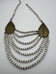 Tribal Bib Necklace White Bone Look Beads Brass Multi Strand Boho Ethnic Vintage