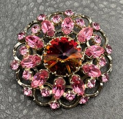 Vintage Rivoli Aurora Borealis Pink Rhinestone Brooch Pin Filigree Silver Tone