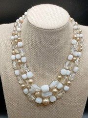 Vintage Japan Multi Strand Beaded Necklace Milk Glass Clear Champagne Pearl READ