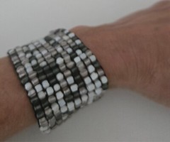 Vintage Beaded Stretch Bracelet 1 3/4” Wide Cuff Style – Multi Gray White Clear