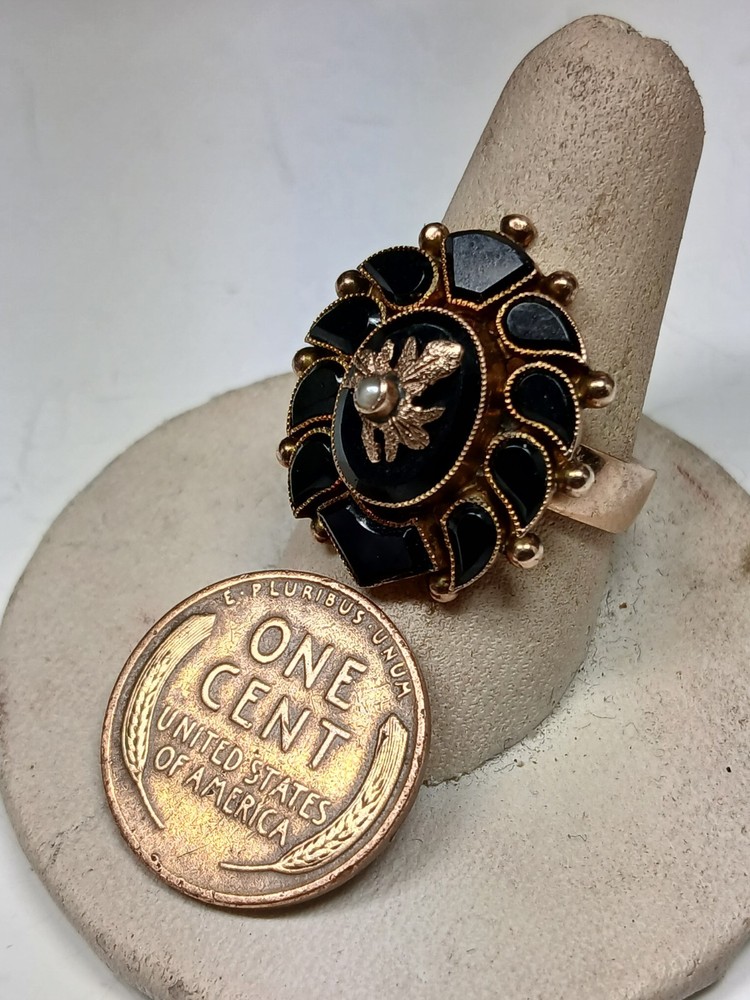 Victorian 14K Gold Black Onyx & Pearl Mourning Ring Size 6.25