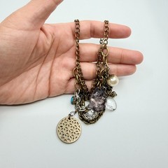 VTG Multi Strand Charm Necklace Bronze & Silver Tone Layered Boho Crystal Retro