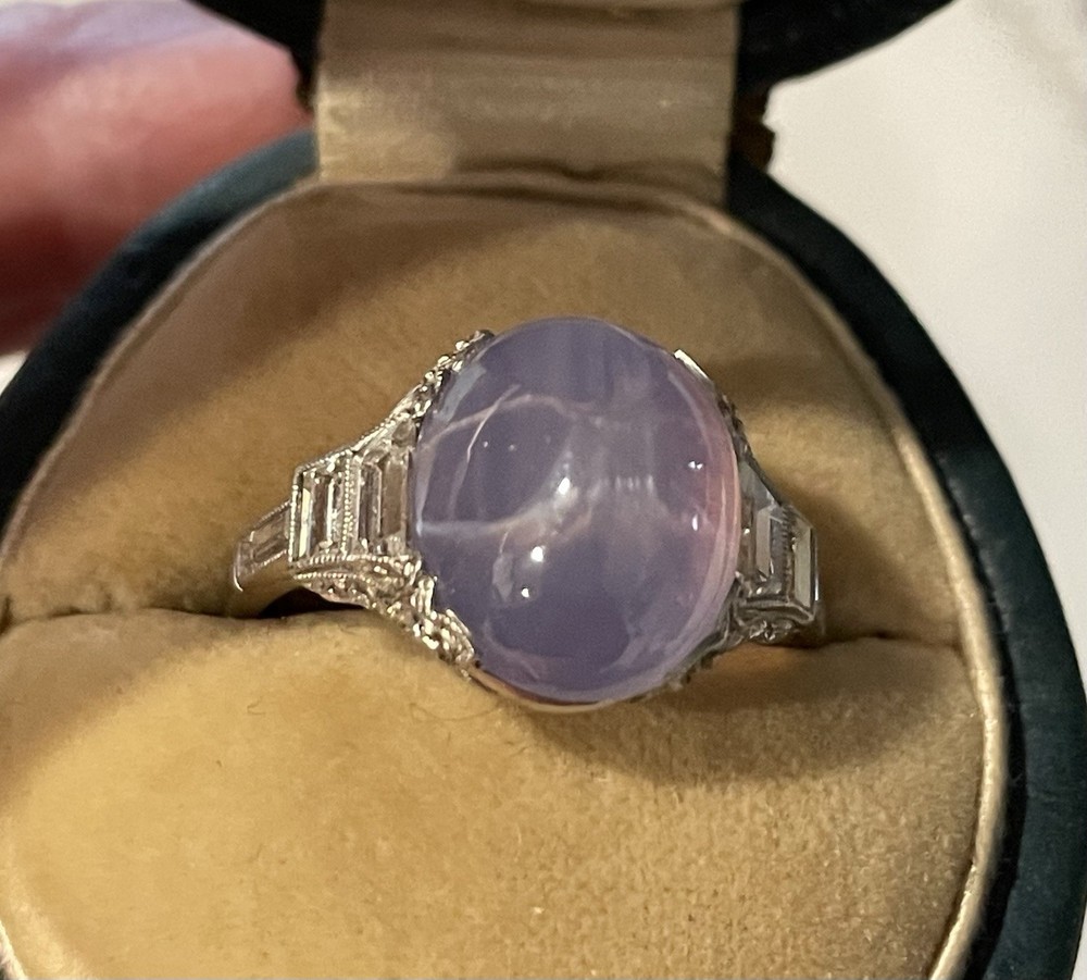 Late Edwardian Early Art Deco Purple Star Sapphire Ring 5.5 Platinum 26 Diamond