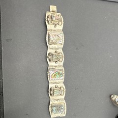 Mexico 925 Sterling Silver Abalone Inlay Panel Link Bracelet w/”Eagle & 3″ Stamp