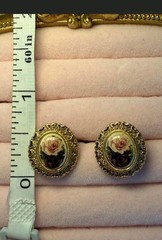 Vintage 1928 Gold Tone Floral Porcelain Rose Oval Stud Earrings Victorian