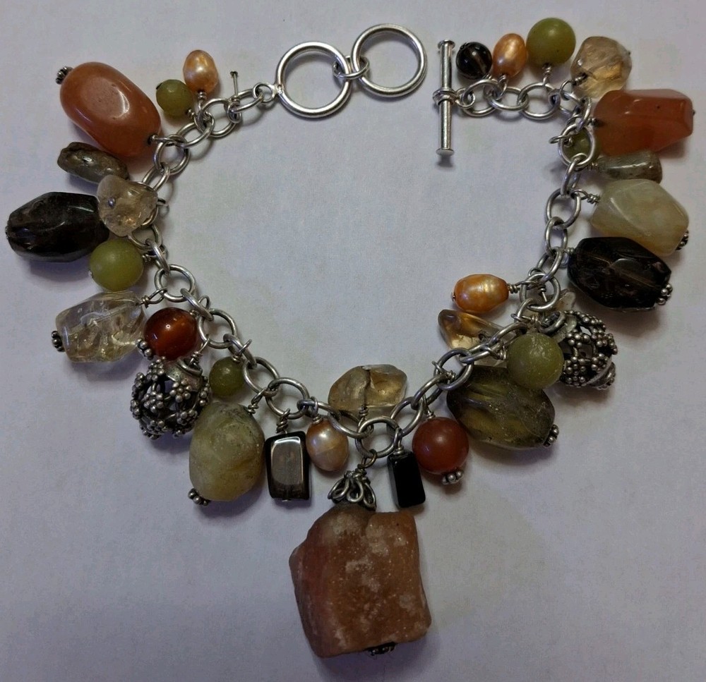 Vintage Sterling 7-8inch Natural Stone Toggle Bracelet 925 Silver Tested