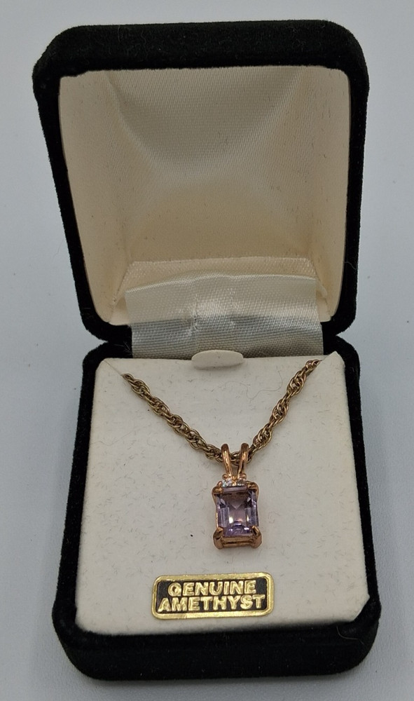 Vintage Genuine Amethyst Emerald Cut Charm On Gold Tone Necklace 18″