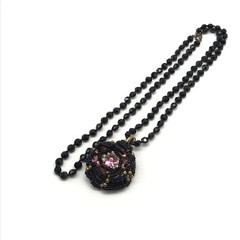 Vintage Jet Black Faceted Glass Strand Pink Clear Rhinestone Pendant Necklace