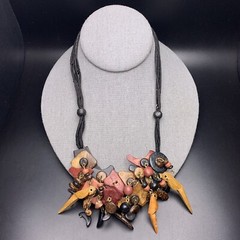 Wooden Parrot Bib Statement Necklace Beaded Cluster Coconut Shell Boho Vintage