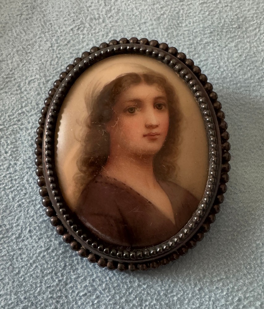 Victorian Brooch Hand-Painted on Porcelain, Sterling Silver Back