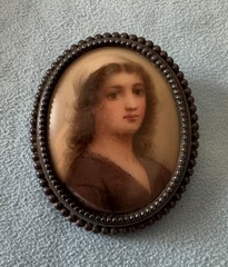 Victorian Brooch Hand-Painted on Porcelain, Sterling Silver Back