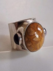 OBSIDIAN BRAND Fossil Coral & Amethyst Statement Ring Size 8 Sterling Silver