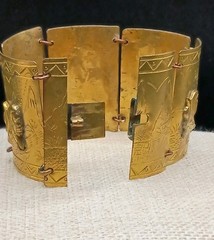 Vintage Peruvian Alpaca Bracelet Story Teller Gold Tone Brass Wide Cuff Repousse
