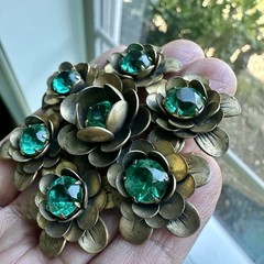 Vintage Flowers Brooch 2.4 Inch Green Crystal Multi Layered Antique Gold MCM