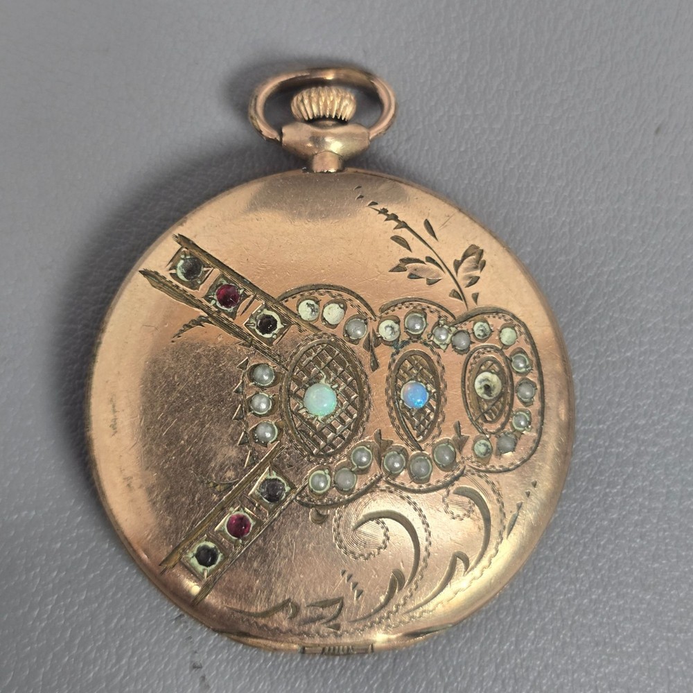 Victorian Gold-Filled/Gold-Plate Engraved Gemstone Photo Locket w/ Opal & Gems