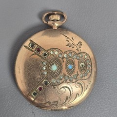 Victorian Gold-Filled/Gold-Plate Engraved Gemstone Photo Locket w/ Opal & Gems