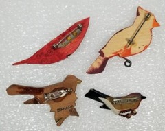 Handmade Bird Brooch Pin Lot of 4 – Takahashi? Wood Leather Cardinal Feather Vtg