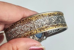 Antique JJ White Art Deco Rhodium/Gold Filigree Hinge Bracelet Blue Czech Stone