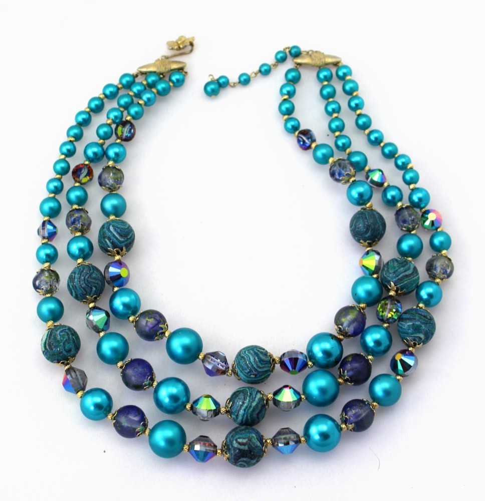 Vintage 50s Vendome Triple 3 Strand Aqua Blue Teal Marbled Bead Necklace