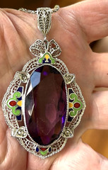 Deco Purple Glass & Multicolor Enamel Filigree Pendant Signed Helgen 17.75”Huge