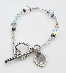 Vintage Sterling Silver AB Crystal Cube Bead Heart Charm Toggle Bracelet 6.75 in