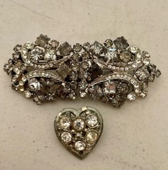 Vintage Pat Pend Rhinestone Brooch & Heart Pin Lot Smoky Gray Clear Crystal