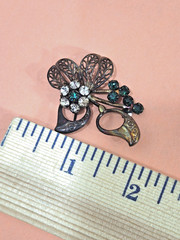 Art Deco Revival Brass Filigree Pin Open back Green Rhinestones Czech style
